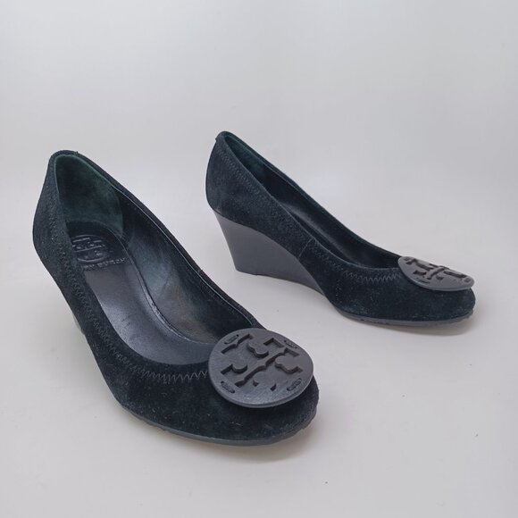 Tory Burch Shoes Sophie Miller Black Suede Wedge Leather Logo on Toe Womens 5 M - Picture 8 of 14